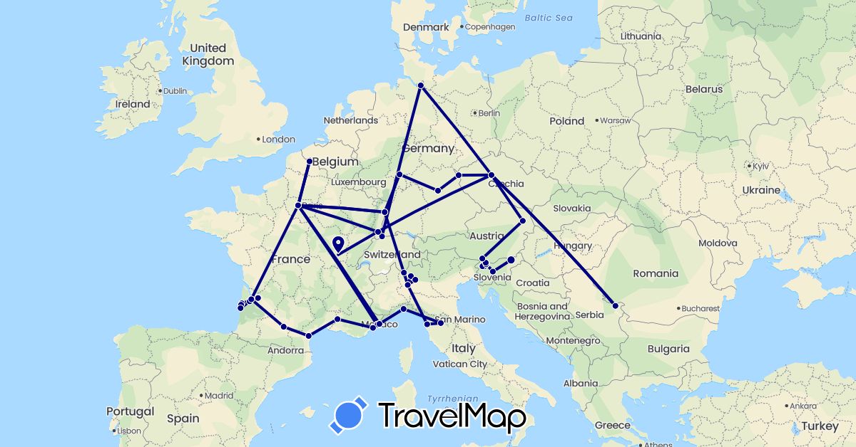 TravelMap itinerary: driving in Austria, Switzerland, Czech Republic, Germany, France, Italy, Monaco, Romania, Slovenia (Europe)